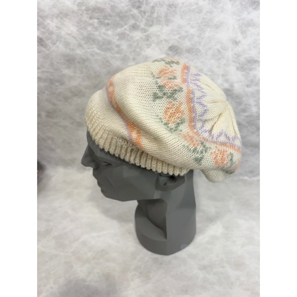 English Village‎ Vintage Knit Beret Hat Cream Floral Pastel Fair Isle Acrylic